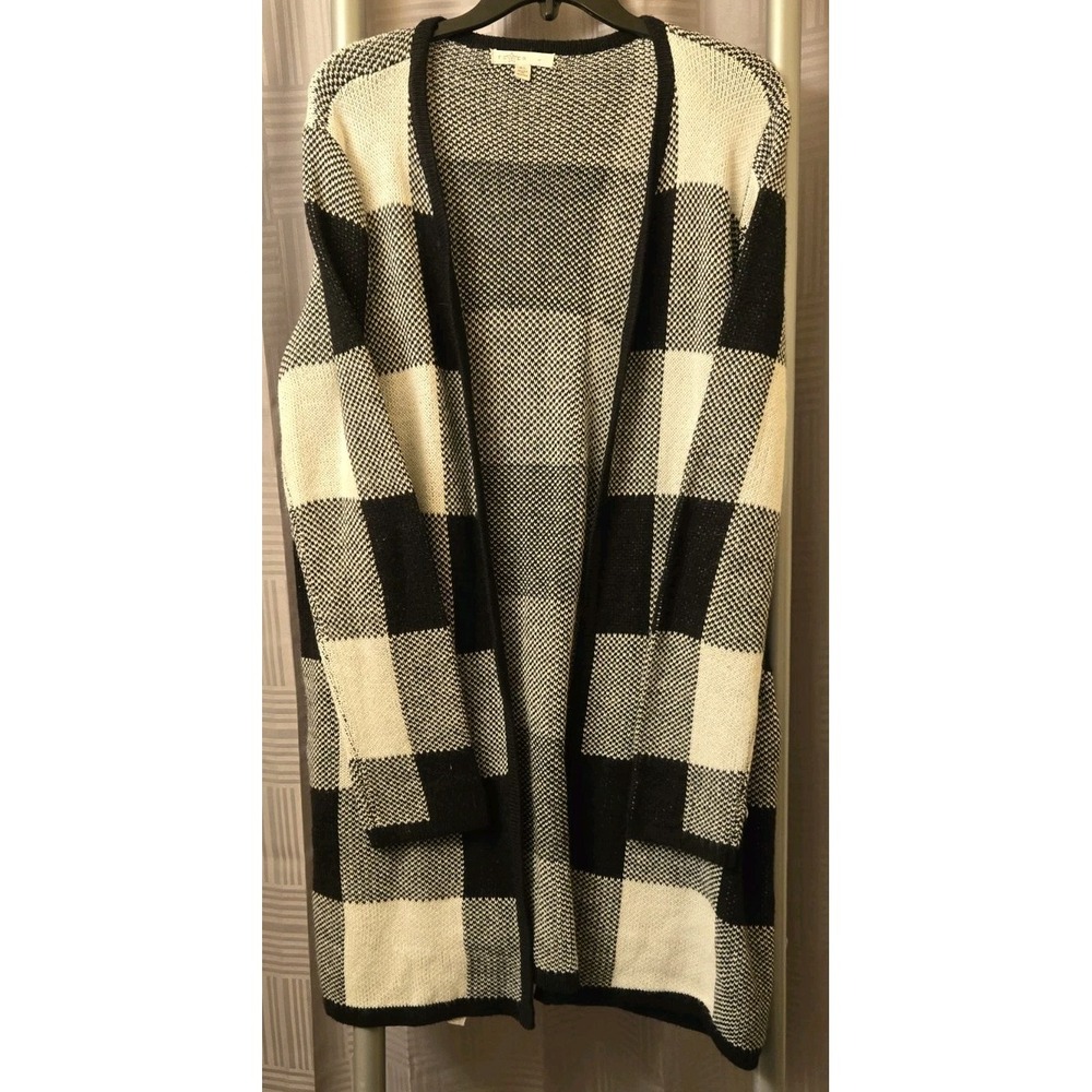 Fever Open Front Cardigan Sweater Womens X-Large Black White‎ Plaid Long
